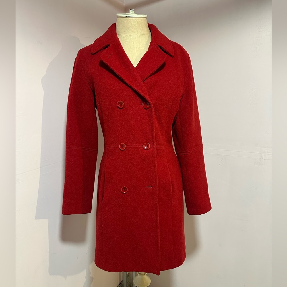 Chic Double-Breasted Red Pea Coat 100% Wool